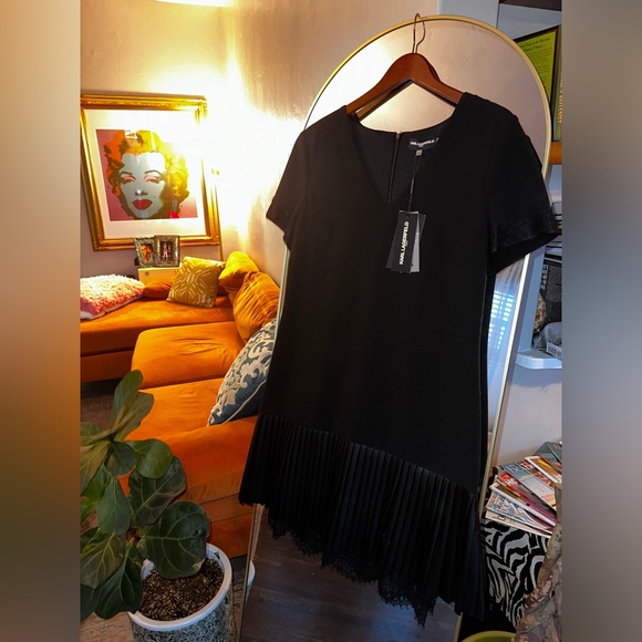 Karl Lagerfeld Flapper Style, Black Lace & Faux Leather Trim Dress SZ 10 NWT - Picture 2 of 15